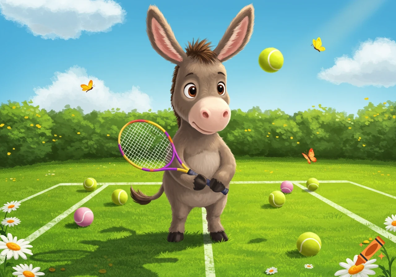 A cute cartoon donkey on a grassy tennis court holds a colorful racket, surrounded by tennis balls, under a blue sky.