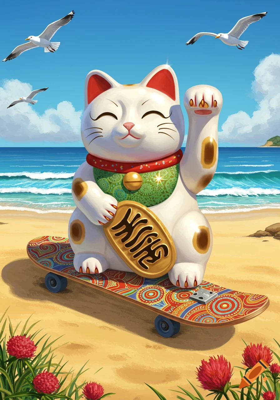 An illustrated Maneki-neko lucky cat on a colorful skateboard at a sunny beach with seagulls flying.