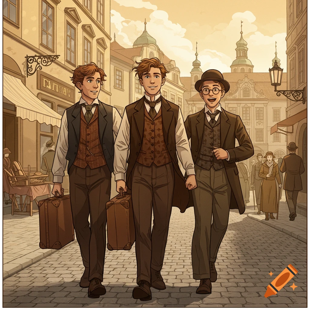 Three young men in period clothing walk down a cobblestone street in a historical city, comic style illustration.