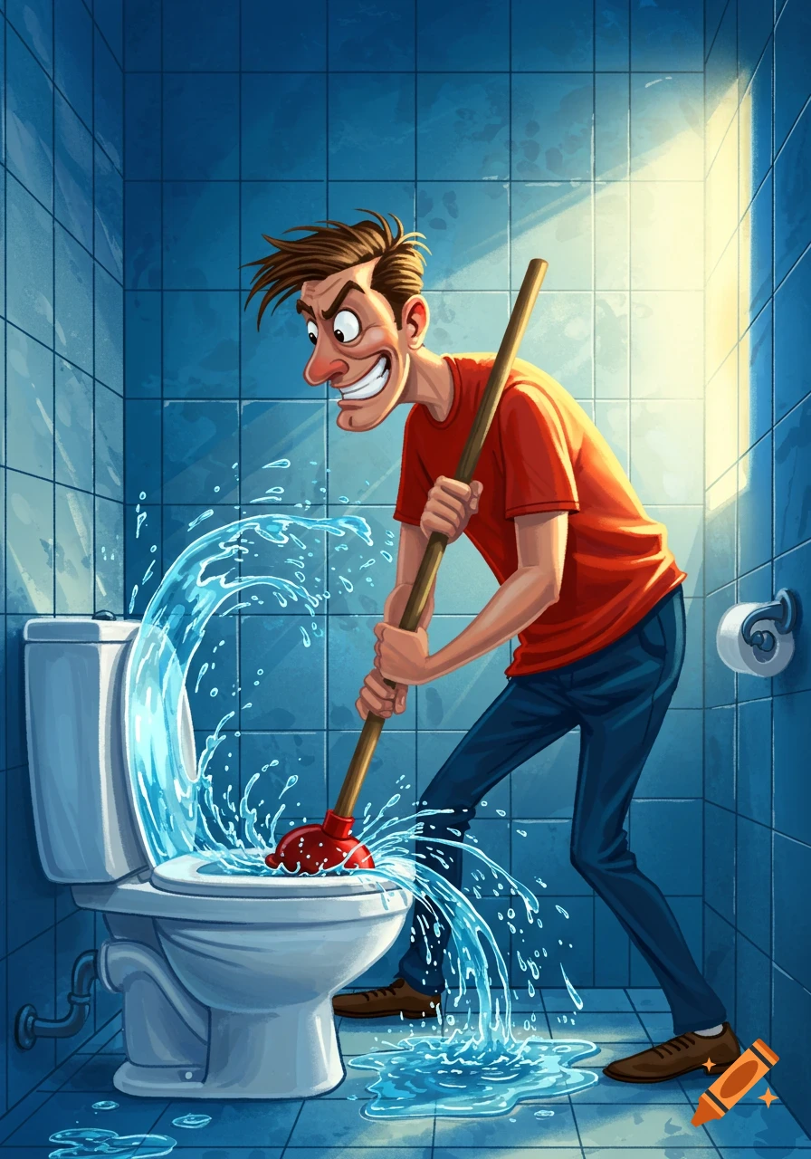 Cartoon illustration of a stressed man plunging an overflowing toilet, splashing water onto the blue-tiled bathroom floor.