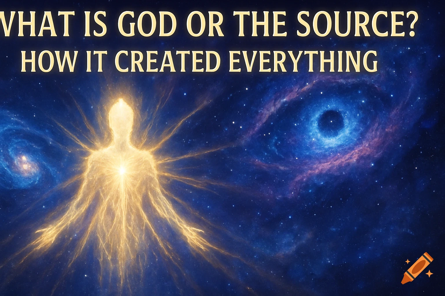 A glowing, ethereal figure against a deep space background with nebulae and galaxies. Text: 'WHAT IS GOD OR THE SOURCE? HOW IT CREATED EVERYTHING'.