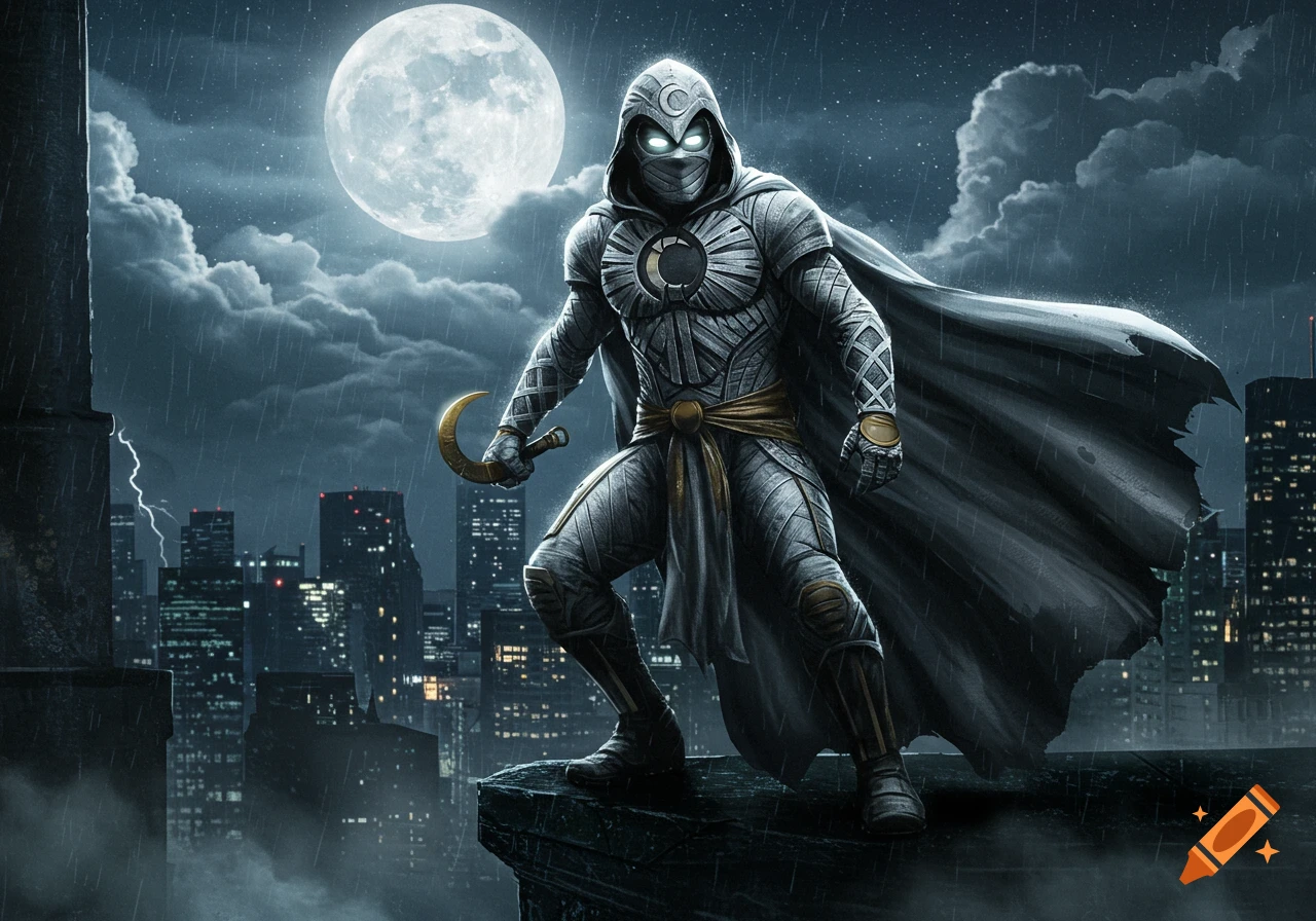 Moon Knight, in white armor with glowing eyes, holds a crescent blade on a rainy city rooftop under a full moon.