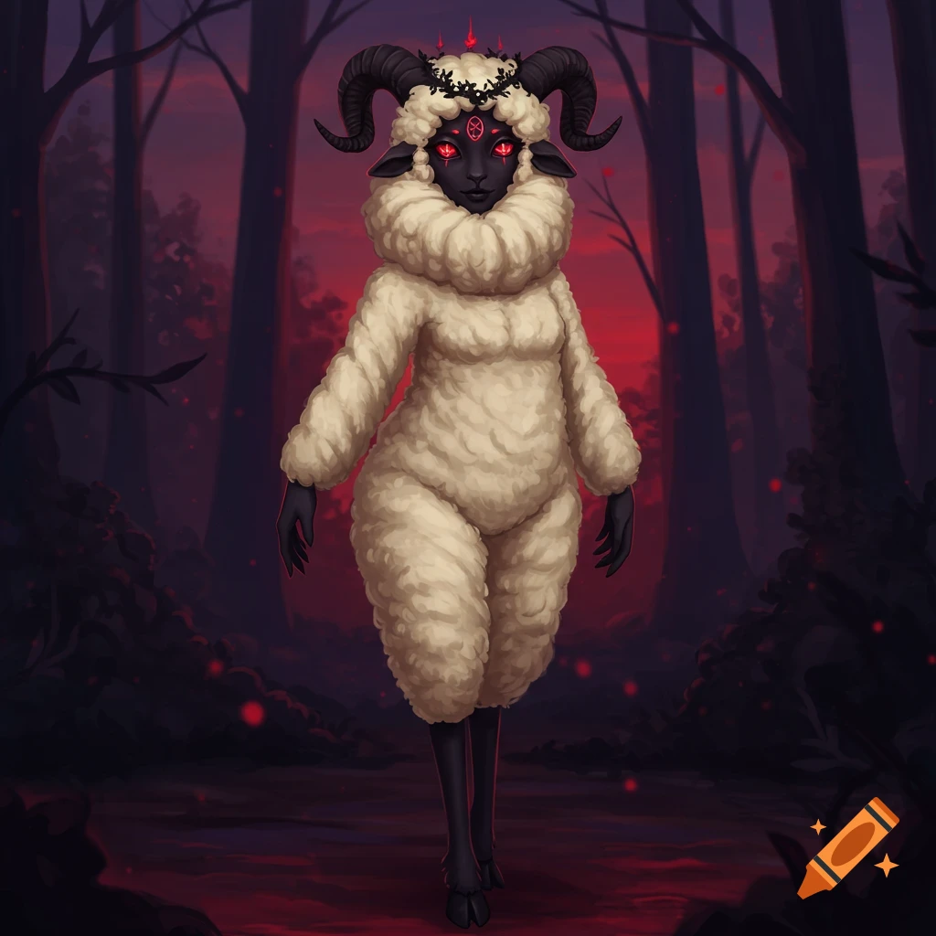A demonic sheep-girl with dark skin, red eyes, ram horns, and a fluffy white wool body stands in a dark, red forest. Digital art.