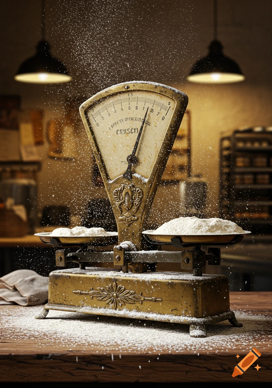 Photorealistic image of a vintage brass scale with two pans of white flour, dusted with falling flour on a wooden table.
