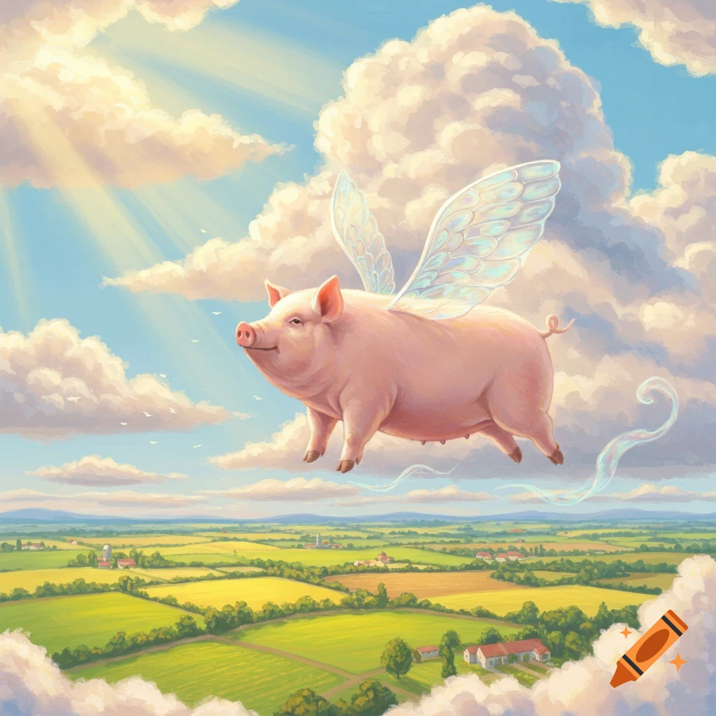 A whimsical pink pig with translucent wings flies happily through a bright blue sky filled with fluffy clouds above a lush green countryside.