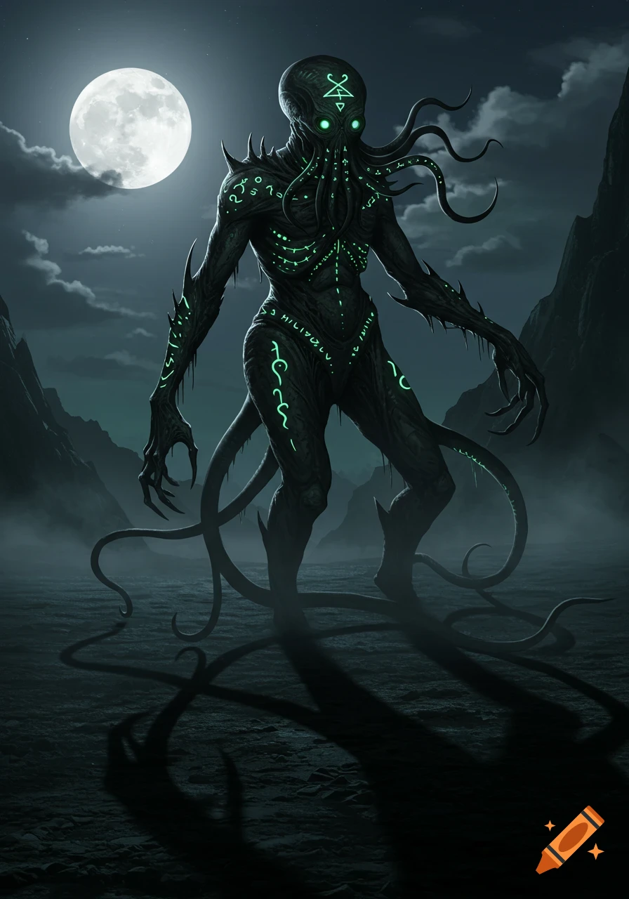 A monstrous, Cthulhu-like creature with glowing green symbols on its body stands under a full moon in a desolate, dark landscape.