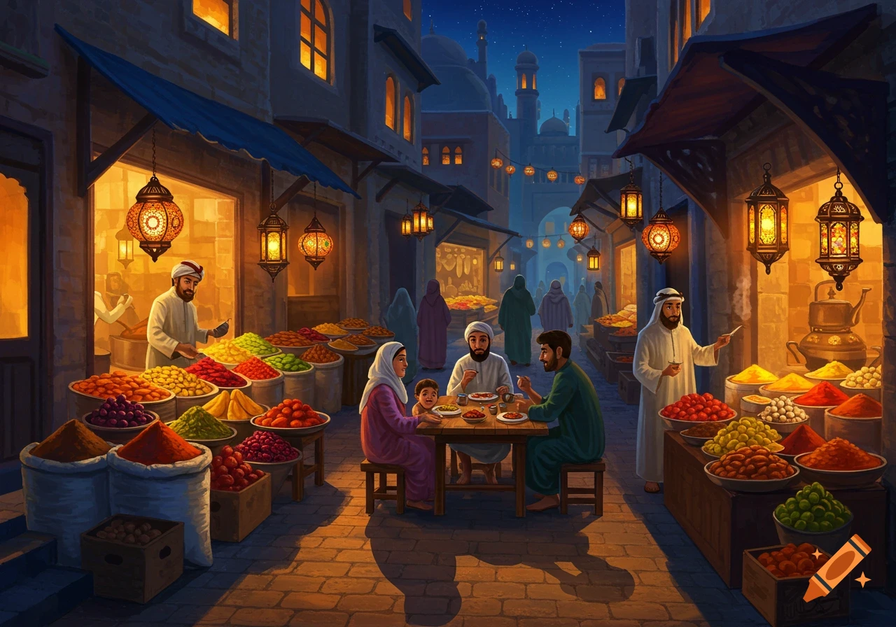 An illustration of a bustling night market with vendors selling colorful spices and food, and a family dining, under a starry sky.