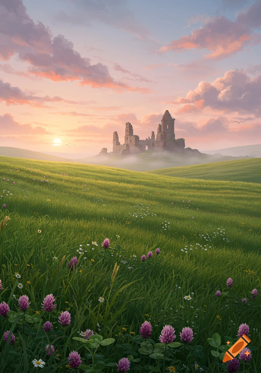 Vibrant digital painting of grassy hills with ancient ruins in misty distance at sunset, dotted with purple and white wildflowers.