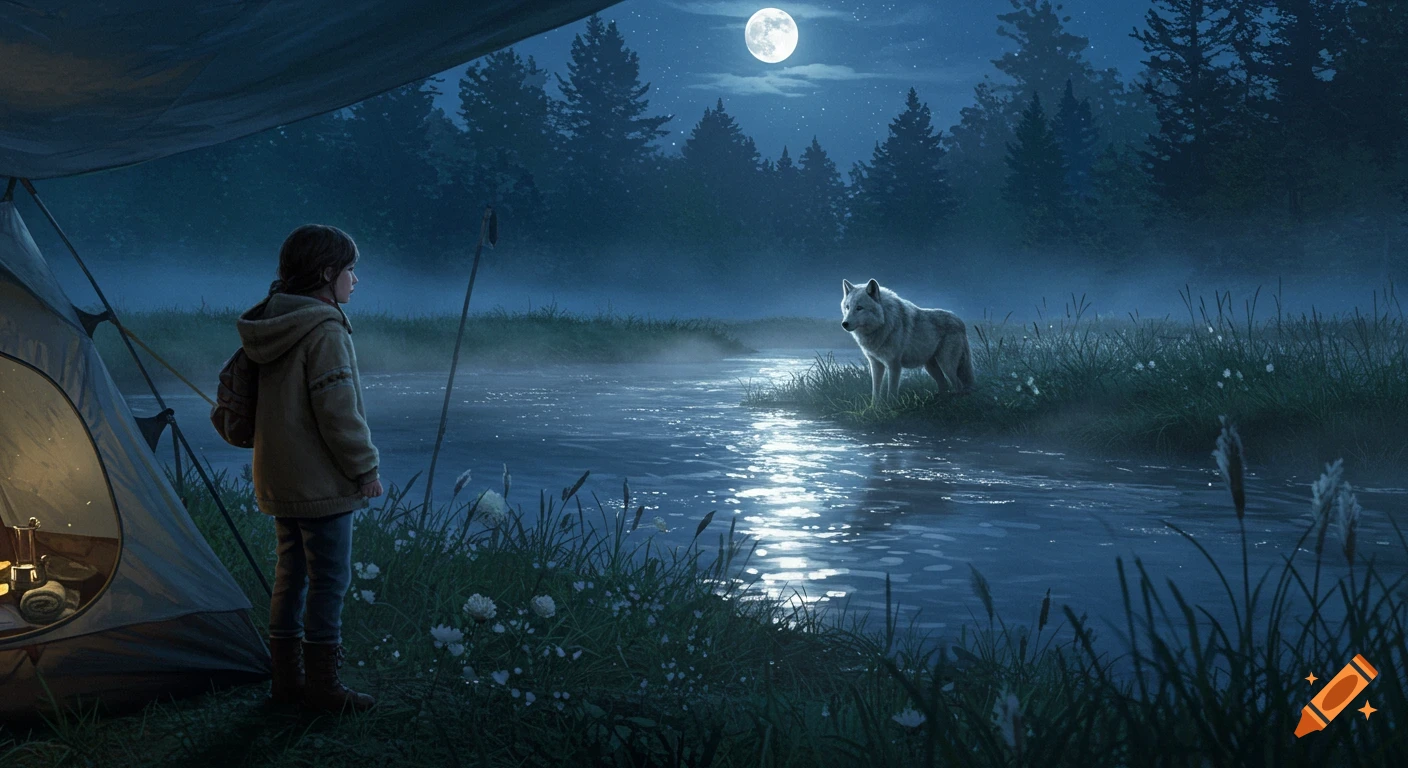 A girl stands outside her tent at night, looking across a moonlit river at a white wolf in a misty forest.