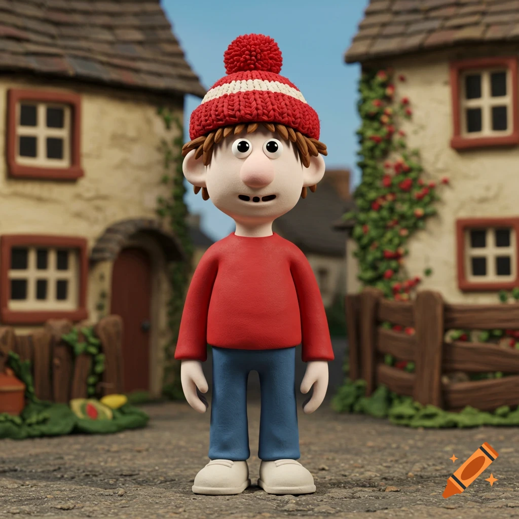 A claymation character in a red shirt, blue pants, and a red and white striped woolen hat stands on a street in front of two houses.