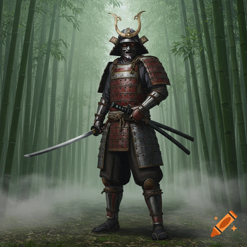 A fully armored samurai with glowing red eyes stands in a misty bamboo forest, holding a katana.