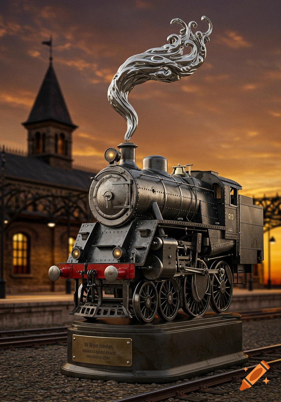 A detailed metallic locomotive trophy stands on a railway platform at sunset, with a station building in the background.