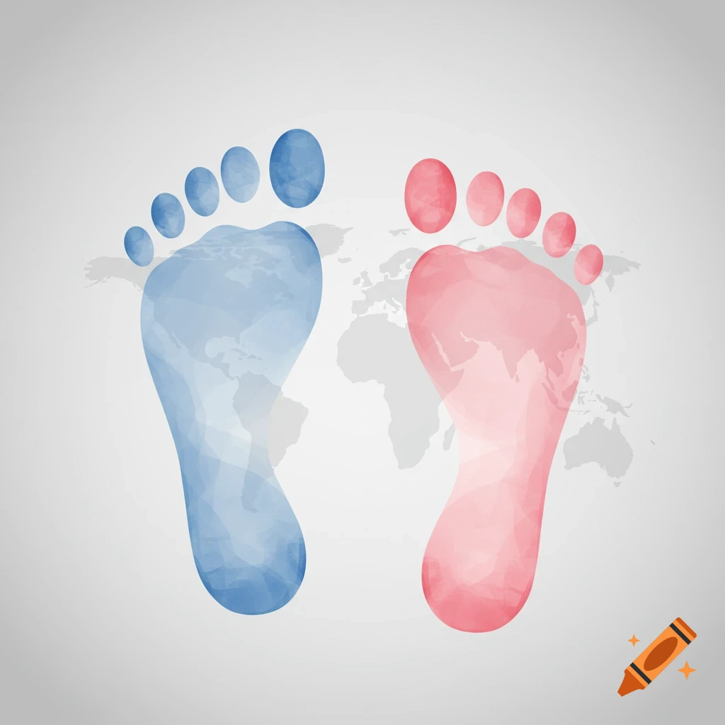 Blue and pink watercolor footprints overlaid on a faint world map against a grey background.