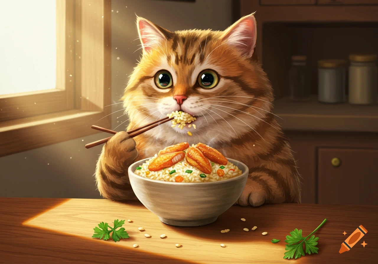 A fluffy orange and white cartoon cat sits at a wooden table, eating fried rice and fish with chopsticks in warm sunlight.
