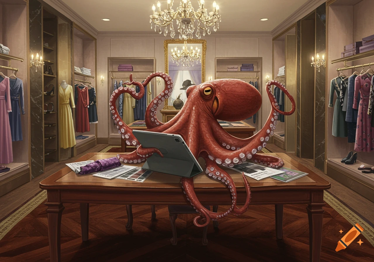 A large red octopus sits at a wooden table in a luxurious clothing boutique, using a tablet. Elegant chandeliers and racks of clothes fill the background.