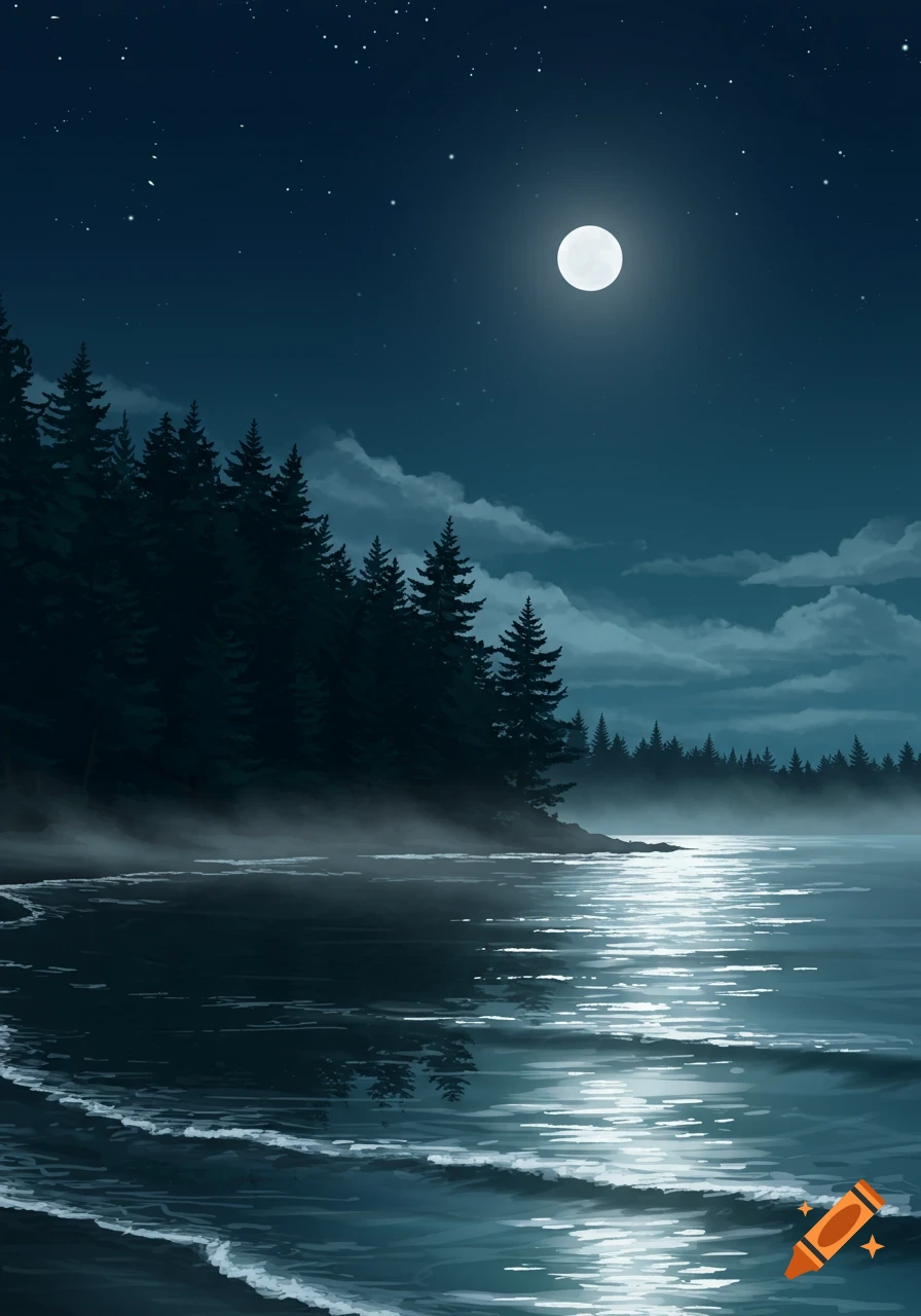 Digital painting of a full moon reflecting on calm water by a dark pine forest at night under a starry sky.