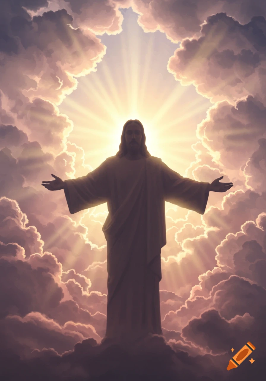 Silhouette of Jesus with outstretched arms, bathed in bright light, standing amidst majestic clouds.