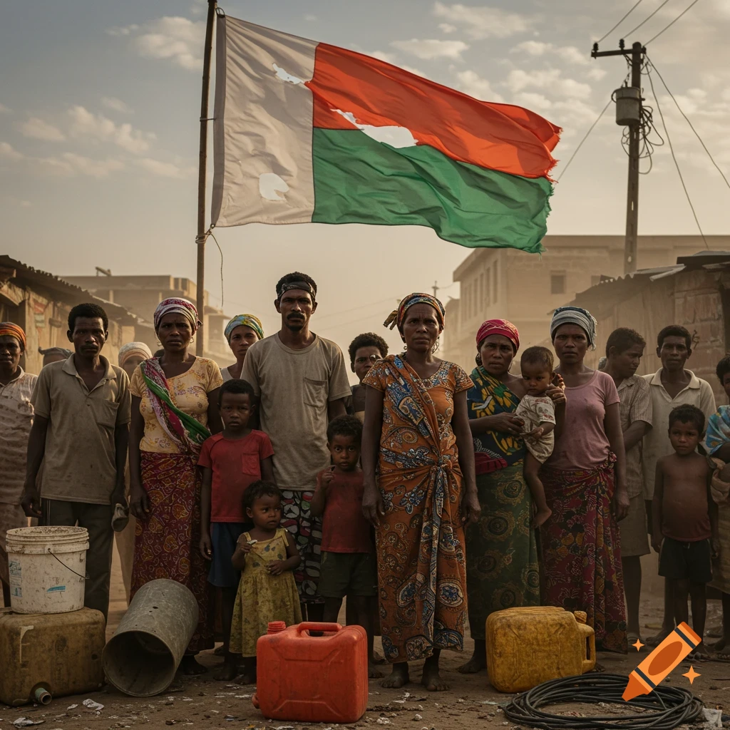 A large group of Malagasy adults and children stand in a dusty street under a tattered flag, with jerrycans and debris. Photorealistic.