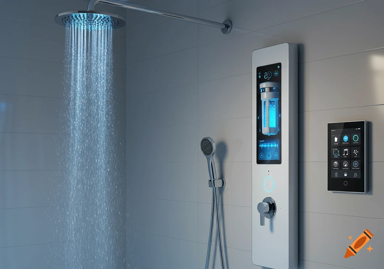 Photorealistic image of a modern smart shower with a blue-lit showerhead and a sleek control panel on the wall.