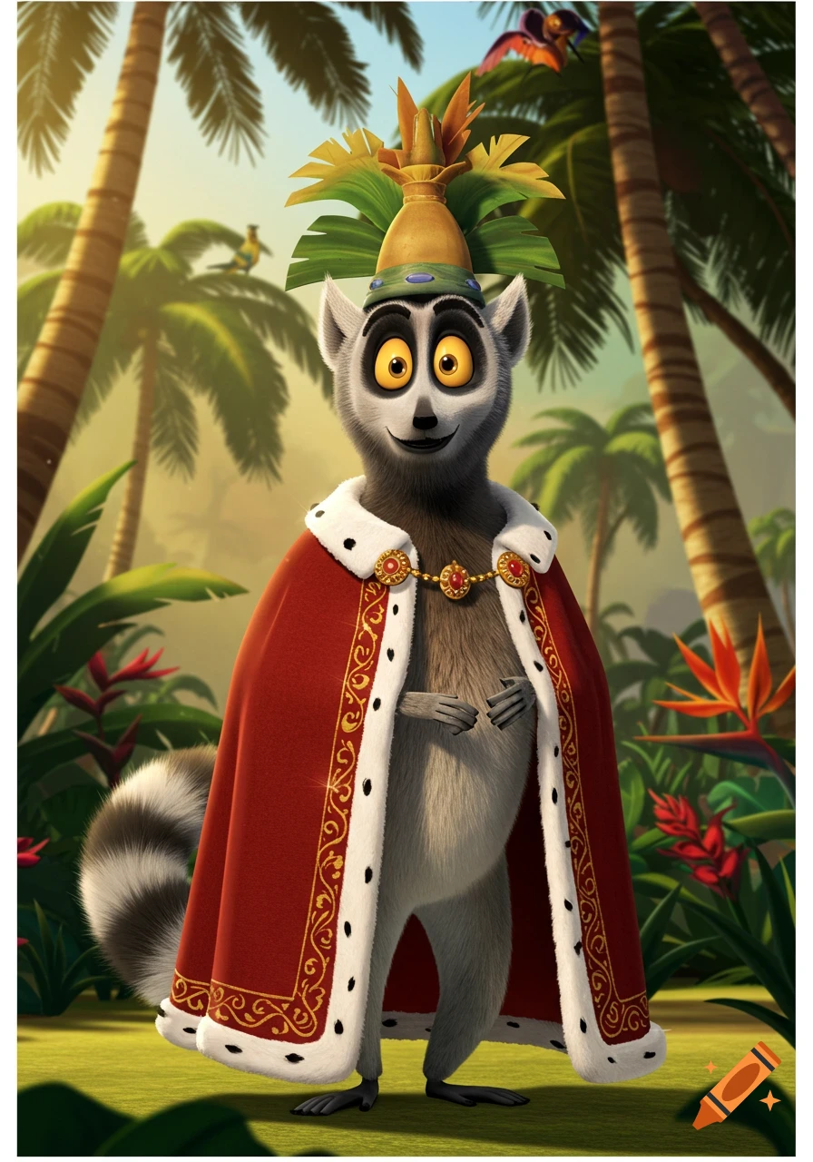 King Julien the lemur wearing a red royal cape and a crown, standing in a vibrant tropical jungle.