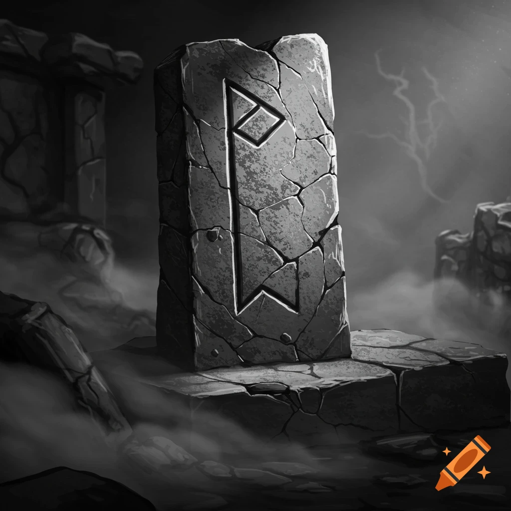 A cracked, ancient stone monument with an engraved rune stands amidst mist in a dark, grayscale landscape.
