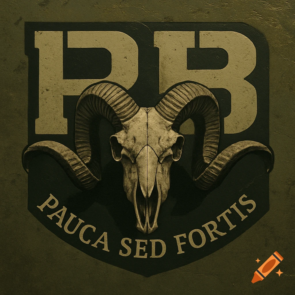 A dark green and gold military-style logo with embossed letters 'PB', a ram skull, and the text 'Pauca Sed Fortis'.