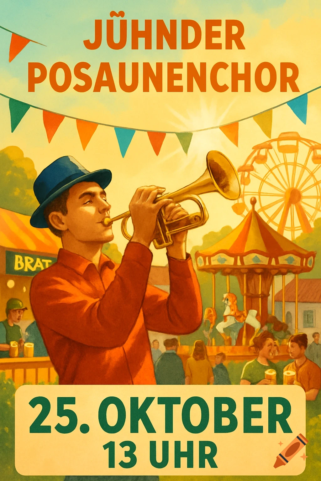 Vintage-style illustration of a man playing a trumpet at a lively fair with a Ferris wheel, carousel, and event text.
