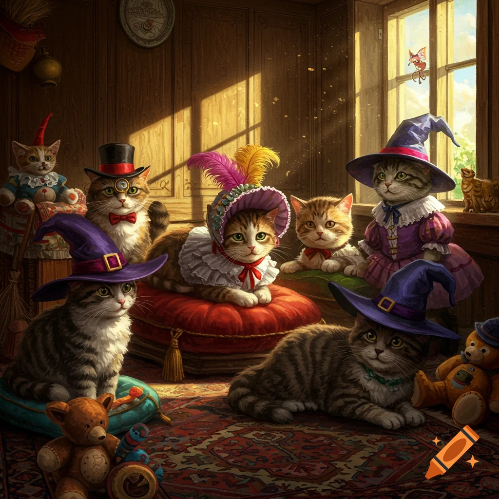 Several cats in witch hats, bonnets, and costumes sit in a cozy, sunlit room with teddy bears in a detailed, whimsical style.