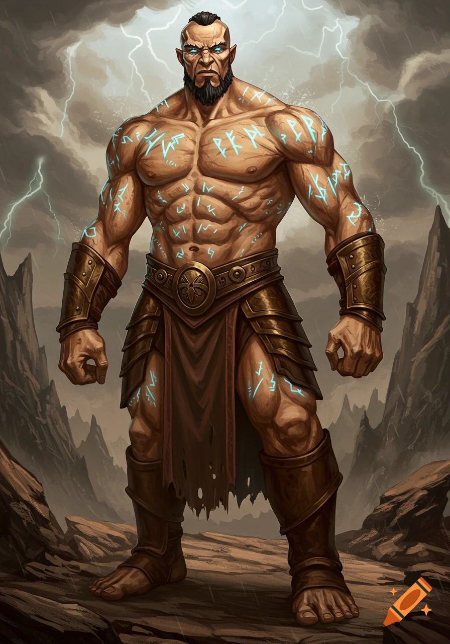 A muscular Goliath warlock with glowing blue runes, a beard, and fierce blue eyes stands in a stormy, rocky fantasy landscape with lightning.