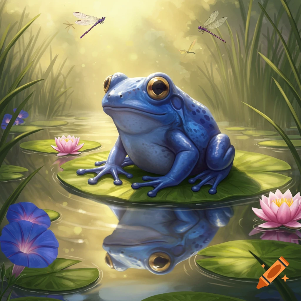 A whimsical illustration of a vibrant blue frog on a lily pad in a pond with pink and blue lotus flowers and dragonflies.