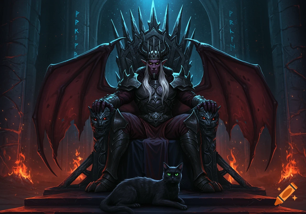 A dark fantasy image of a demon king with long white hair and red wings, sitting on a spiked throne with a black cat.