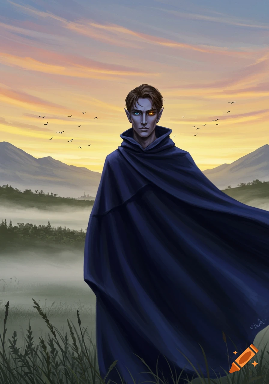 A fantasy character with heterochromia and pointed ears stands in a dark cape in a misty valley at sunset, with birds in the sky.