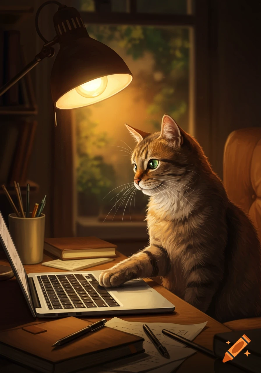 A tabby cat with green eyes sits at a desk, illuminated by a lamp, with one paw on a laptop keyboard.