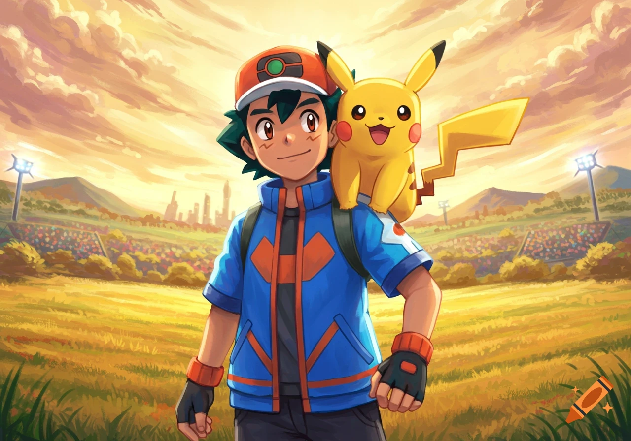 Ash and Pikachu stand in a vibrant field under a cloudy sunset sky, with a stadium and city in the background. Anime style.