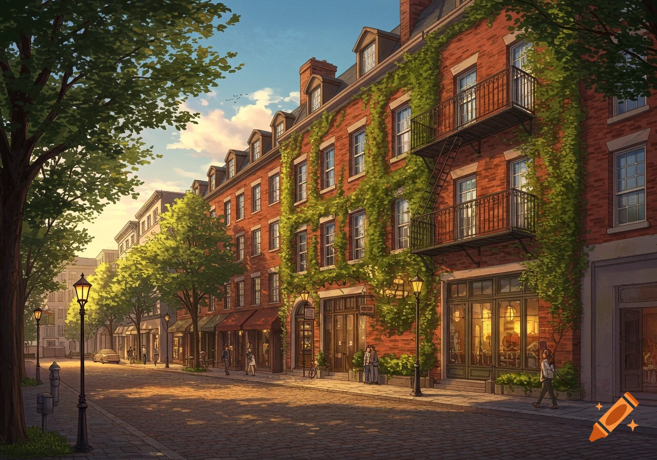 A picturesque, tree-lined cobblestone street with ivy-covered brick buildings and shops under a golden sky, in an illustration style.