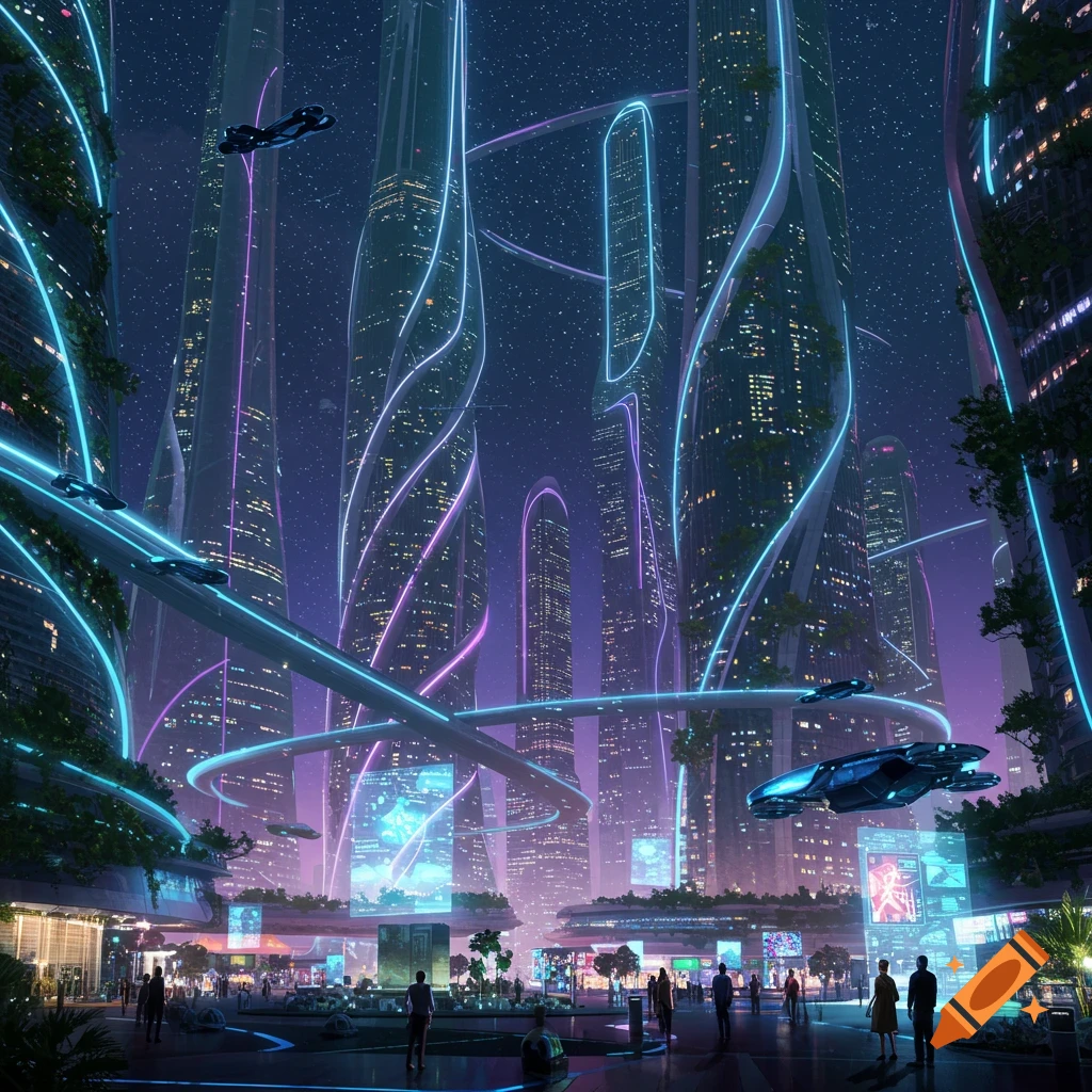A futuristic city at night with towering skyscrapers adorned with glowing neon lights, flying vehicles, and people on a plaza below.