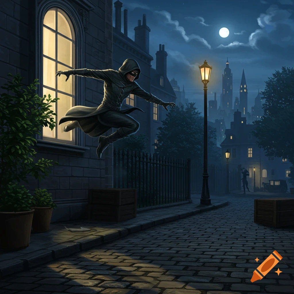 A hooded figure in black leaps over a fence on a cobblestone street at night, lit by a streetlamp and full moon.