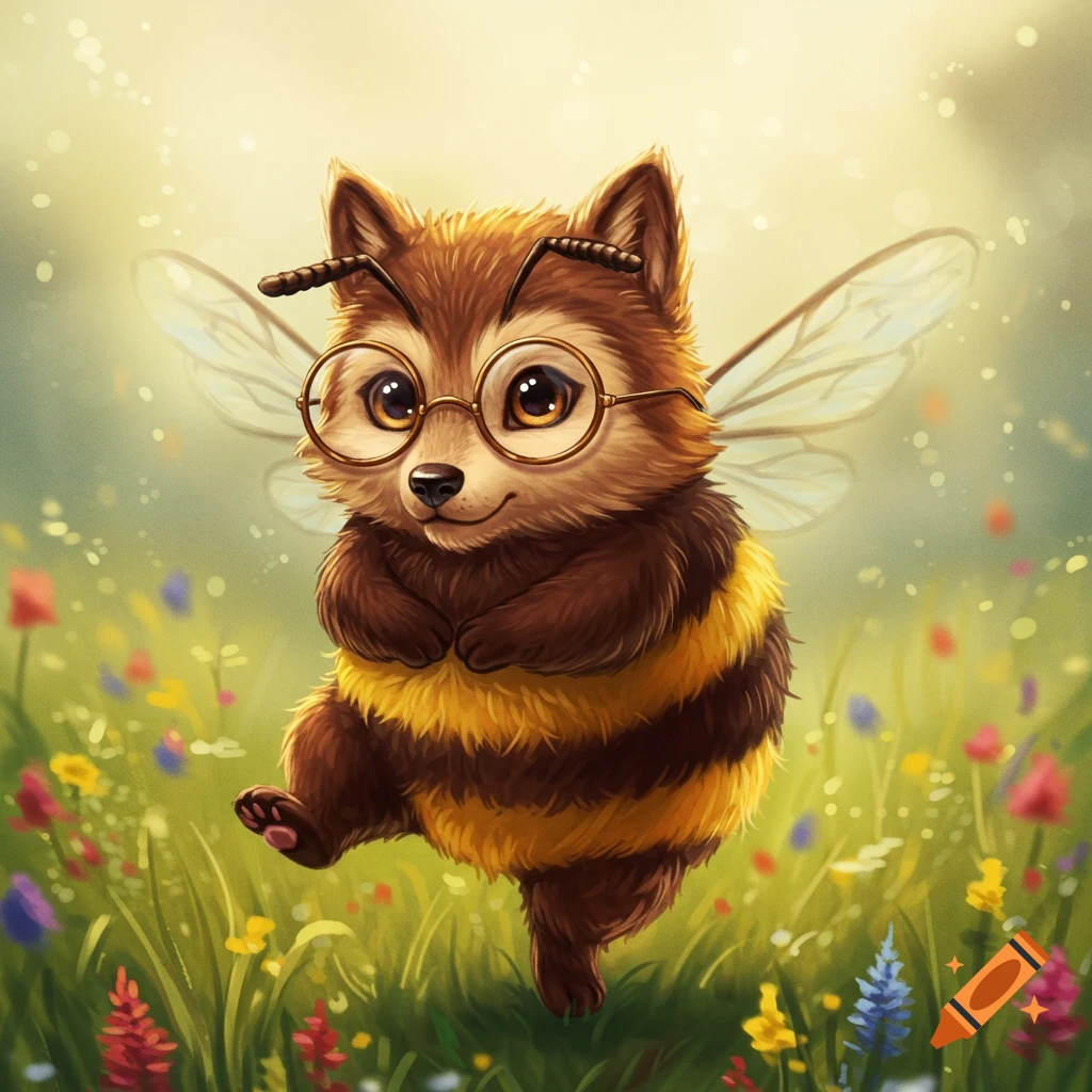 A cute, furry wolf-bee hybrid with glasses and wings dances in a sunny field of colorful wildflowers.
