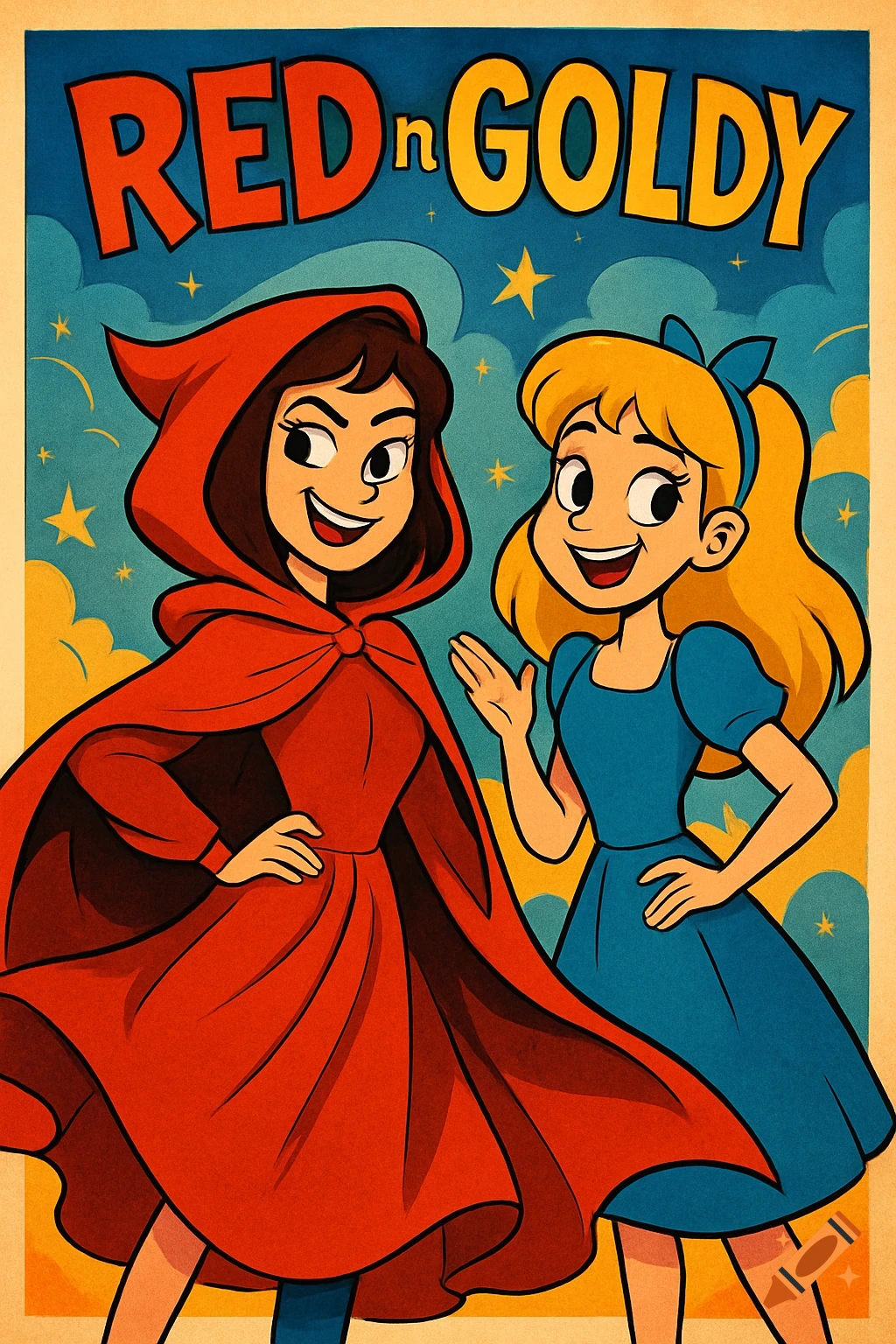 A stylized cartoon poster featuring two smiling girls. One wears a red cloak, the other a blue dress with blonde hair. Title: RED n GOLDY.