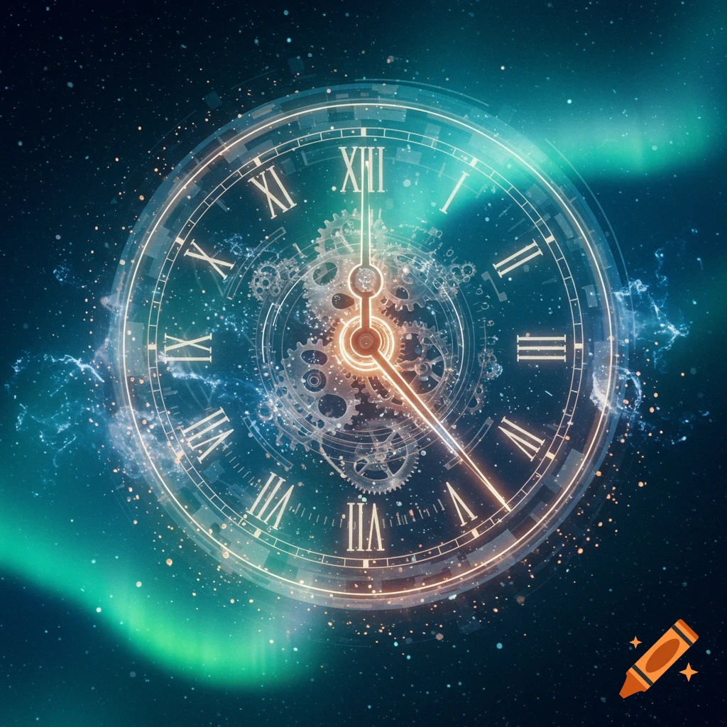 Intricate, glowing clock face with Roman numerals and visible gears set against a deep space background with blue and green aurora effects.