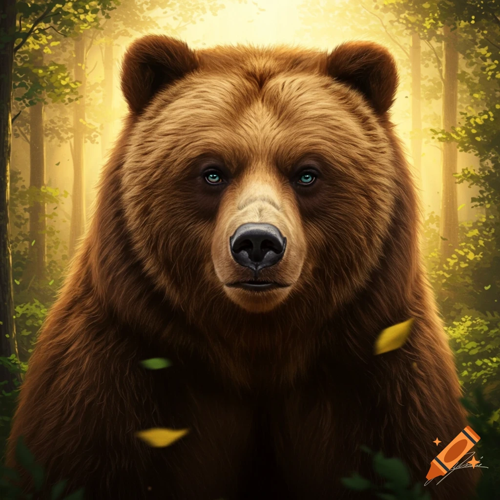 A detailed illustration of a brown bear with striking blue eyes and a humanoid face, set in a sun-dappled forest.