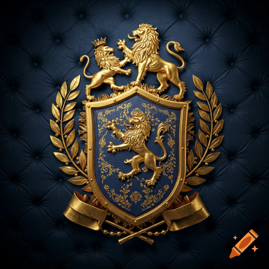 Regal gold and blue coat of arms with three lions and a crown, set against a dark quilted background.