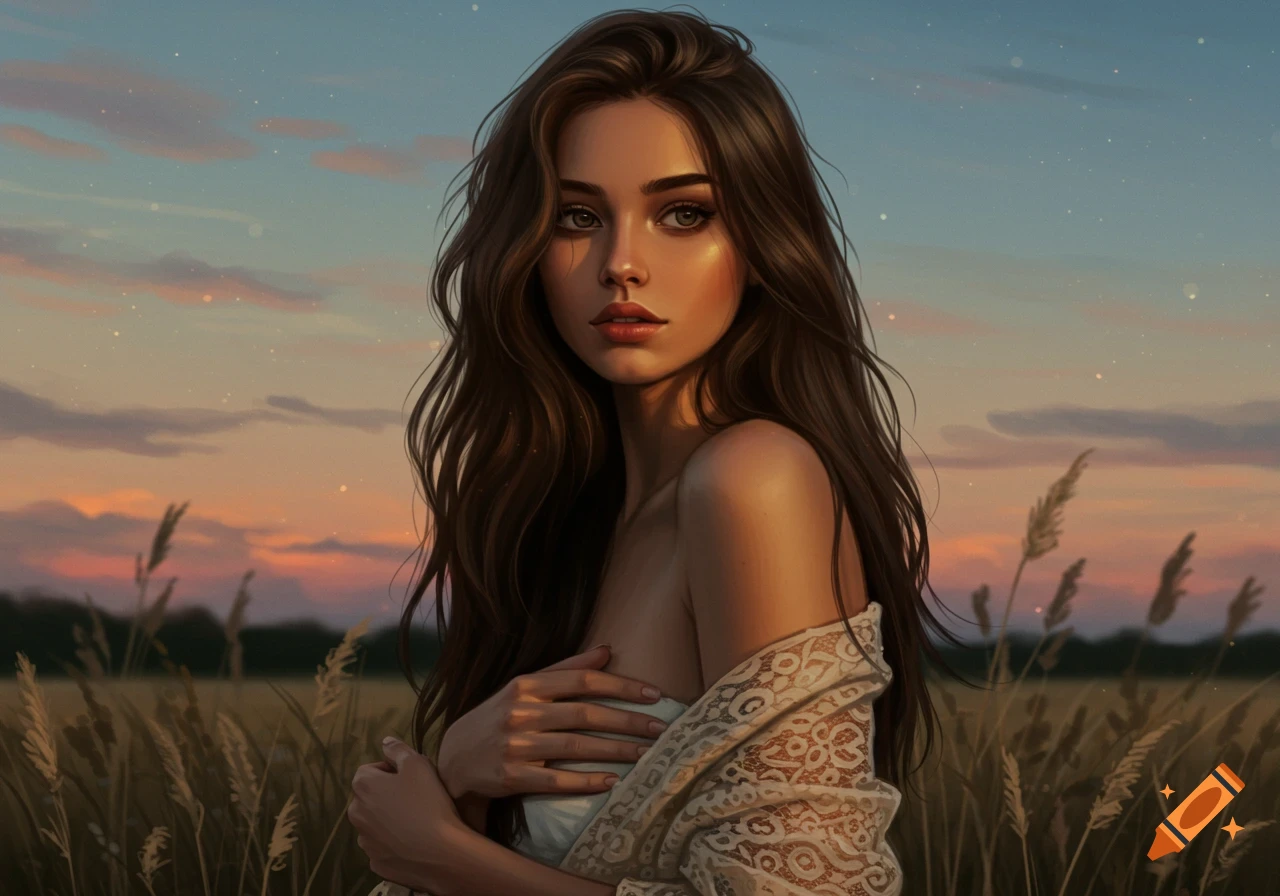 Digital painting of a young woman with long brown hair in a lace shawl, standing in a field at sunset.