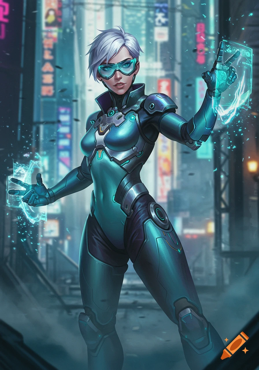 A futuristic woman with short white hair and blue goggles in a teal and black armored suit interacts with holographic displays in a neon-lit city street.
