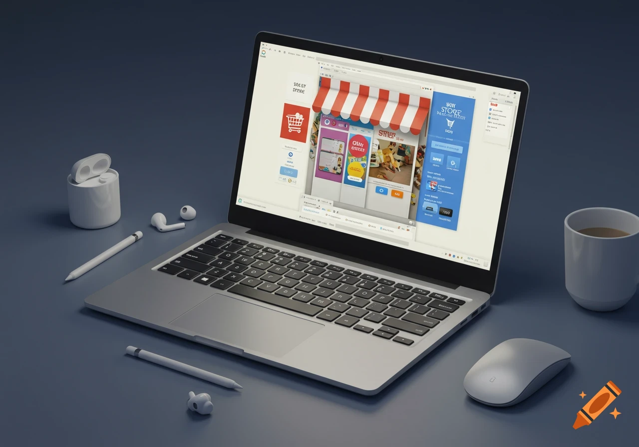 A silver laptop displaying an e-commerce website, surrounded by white earbuds in a case, a mouse, two styluses, and a coffee mug on a dark blue desk.