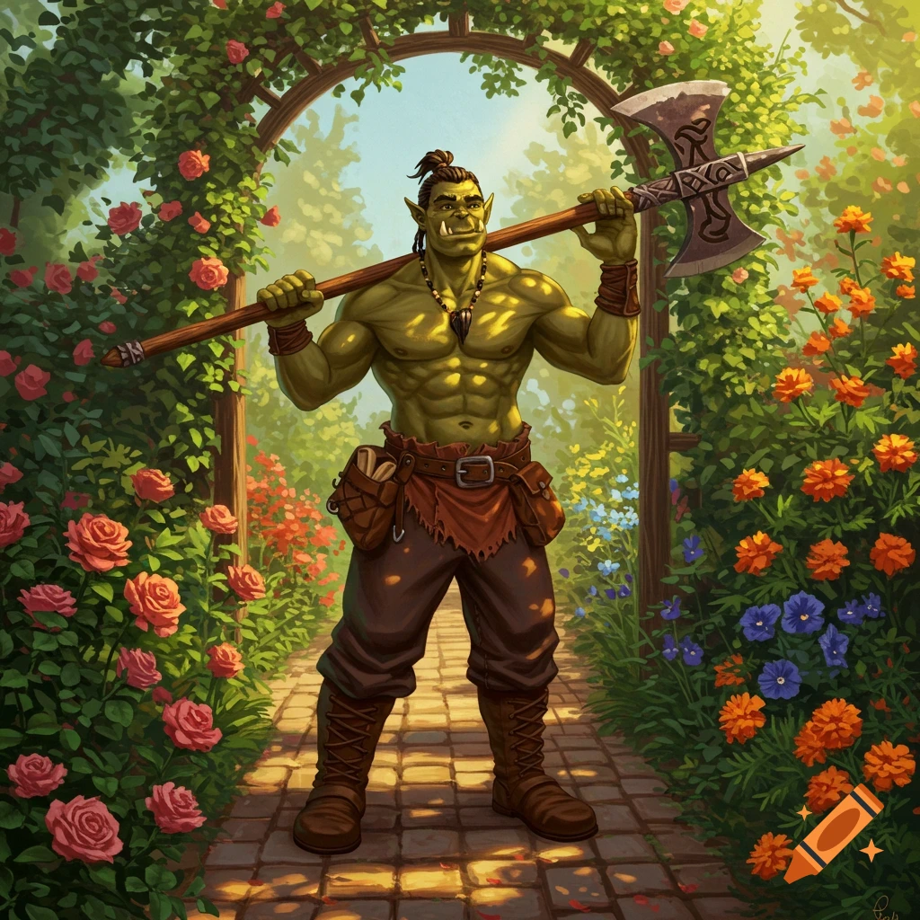 A muscular green orc with a topknot stands in a lush garden archway, holding a halberd over his shoulders. Digital art.