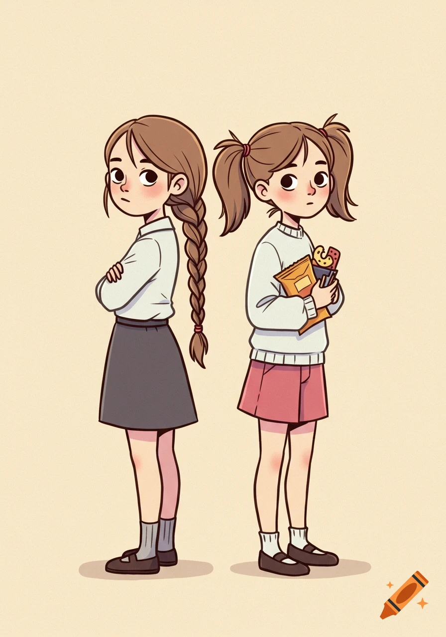 Two cartoon girls stand back-to-back. The left girl has a long braid, the right girl has pigtails and holds food, in a children's book style.