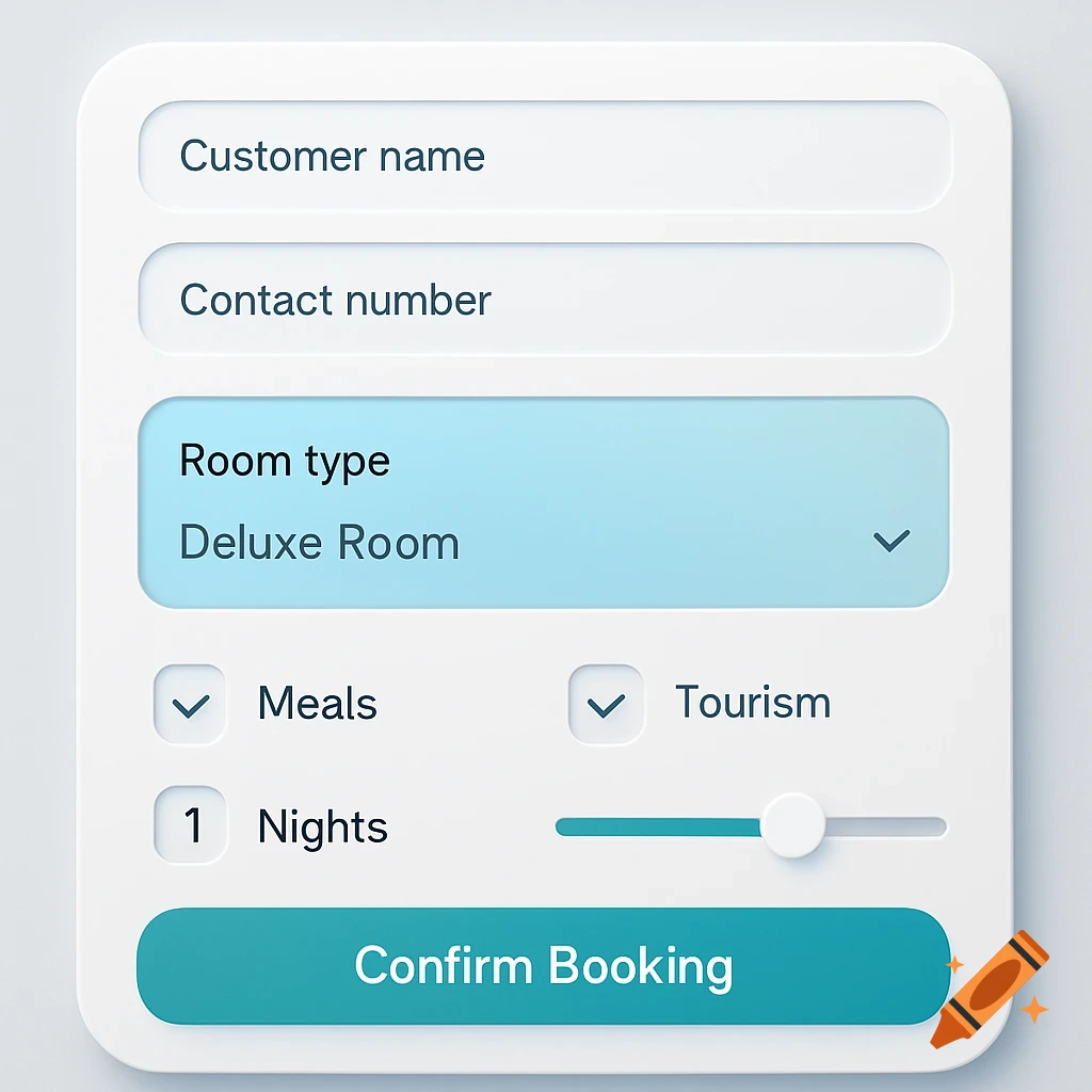 A neumorphism-style booking screen UI with fields for customer details, room selection, nights, and add-ons.
