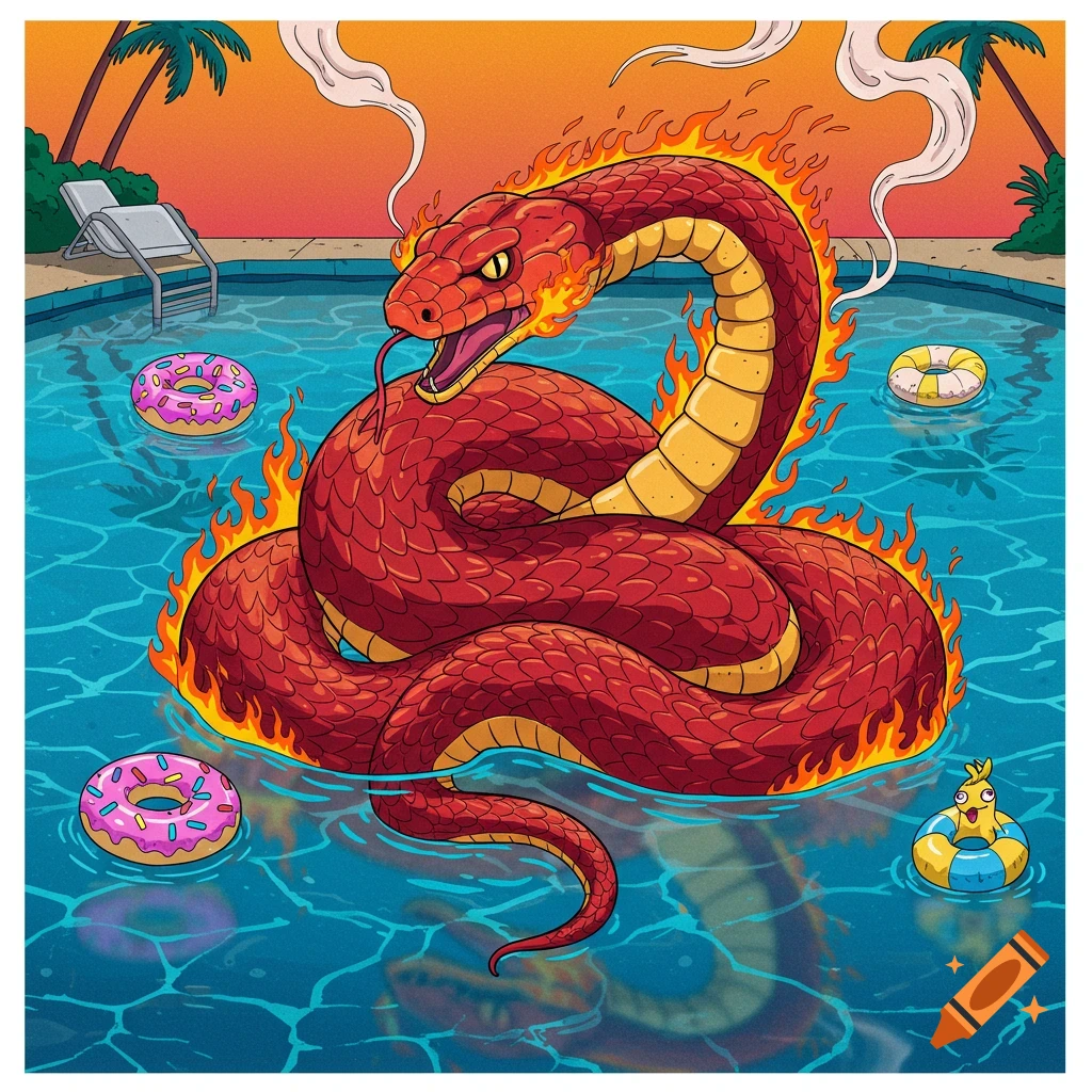 A large red and yellow cartoon snake, engulfed in flames, swims in a blue swimming pool with donut and duck floaties, under an orange sunset.