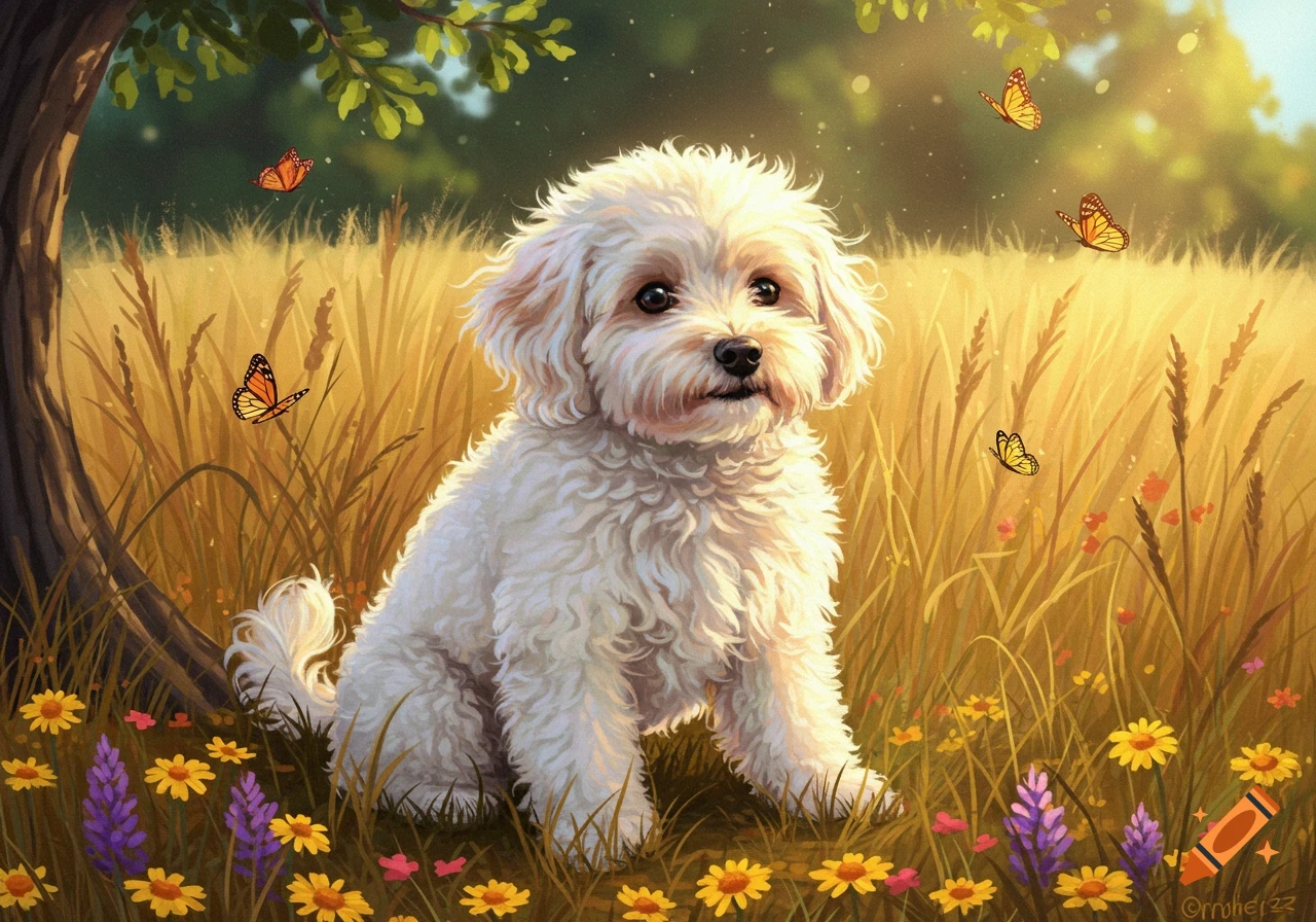 A fluffy white dog sits in a sunny golden field with colorful wildflowers and monarch butterflies flying around, in an illustration style.